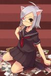 animal_ears bad_id cat_ears character_request eyepatch nekomo paper_man paperman photo_(object) pictures school_uniform silver_hair sitting skirt smile solo striped striped_background wariza 