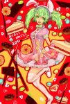  2011 :d animal_ears bunny_ears chocolate cup dated doughnut dress green_eyes green_hair headdress heart highres kneehighs leg_up moriko06 open_mouth original pink_dress pocky red_background slice_of_cake smile solo sweets teacup translation_request twintails 