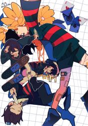  1other bandages black_hair blue_sweater card closed_eyes flower frisk_(undertale) holding holding_knife knife matu_(t_iyou8) multiple_views open_mouth other_focus playing_card short_hair smile solo sweater undertale 