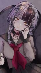  1girl absurdres alternate_costume black_hair black_sailor_collar black_skirt braid closed_mouth demitsuyuzaki grey_hair grey_shirt hand_on_own_face head_rest highres hololive hololive_english long_hair multicolored_hair neckerchief red_neckerchief sailor_collar shiori_novella shirt sitting skirt smile solo twin_braids two-tone_hair virtual_youtuber 