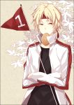 blonde_hair border crossed_arms flag headband holding male moco_315 mouth_hold natsume_takashi natsume_yuujinchou solo track_suit yellow_eyes 