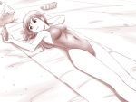  armpits bad_id bag beach bottle highleg highleg_swimsuit holding long_hair lying monochrome on_back one-piece_swimsuit original saver_(artbysaver) solo swimsuit water_bottle 