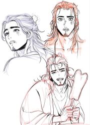  1boy all_wishes_come_true! blush bruise bruise_on_face chinese_clothes coat danasauurr english_commentary facial_hair grin hair_bun hair_ornament half_updo hand_fan hanfu highres holding holding_fan injury jewelry leaf_fan leaf_hair_ornament long_hair looking_at_viewer looking_up male_focus multiple_views mustache_stubble necklace open_clothes open_coat open_mouth parted_lips partially_colored pectoral_cleavage pectorals realistic robe simple_background single_hair_bun sketch smile stubble thick_eyebrows upper_body white_background zhongli_quan_(all_wishes_come_true!) 