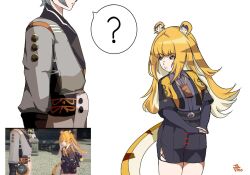1boy 1girl animal_ears ju_fufu long_hair looking_at_another official_alternate_costume short_hair tiger_ears tiger_girl tiger_tail wise_(zenless_zone_zero) zenless_zone_zero