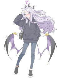  1girl absurdres ahoge alternate_costume bag bilingual_commentary black_hoodie black_horns blue_archive blush casual commentary demon_girl demon_horns demon_wings english_commentary floating_hair hair_ornament hairclip halo hand_in_pocket hand_on_own_head handbag highres hina_(blue_archive) hood hoodie horns long_hair long_sleeves looking_at_viewer low_wings mixed-language_commentary multiple_horns pants parallel_hairclips parted_bangs purple_halo purple_wings runarie shoes sidelocks simple_background smile sneakers solo standing violet_eyes white_background white_hair wings 