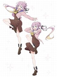  1girl :d absurdres ahoge anyoji_hime arms_up black_bow black_ribbon bow bow_legwear brown_dress brown_shoes chinese_commentary commentary_request dress grid_background hair_ribbon hasu_no_sora_school_uniform highres hood hooded_jacket jacket leg_up loafers long_sleeves love_live! love_live!_hasu_no_sora_jogakuin_school_idol_club medium_dress multi-tied_hair multiple_views neckerchief open_clothes open_jacket open_mouth outstretched_arm pink_jacket pleated_dress ponytail ribbon ruoguiling sailor_collar sailor_dress school_uniform shoes smile socks sparkle uneven_eyes v-shaped_eyebrows virtual_youtuber white_background white_sailor_collar white_socks winter_uniform yellow_neckerchief 