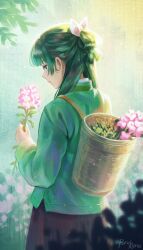  1girl absurdres artist_name blue_eyes blunt_bangs chinese_clothes closed_mouth commentary cowboy_shot flower green_hair green_shirt hair_over_shoulder hair_ribbon half_updo highres holding holding_flower kusuriya_no_hitorigoto maomao_(kusuriya_no_hitorigoto) pink_flower pink_ribbon porukana red_skirt ribbon shirt skirt solo 