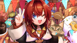  1girl :d ange_katrina ange_katrina_(1st_costume) arm_up banken_(inui_toko) bed black_coat blue_eyes box brown_cat cardigan cat character_doll coat commentary_request crossed_bangs doll english_commentary gift gift_box hair_between_eyes hair_intakes happy_birthday hatching_(texture) highres indoors linear_hatching long_sleeves looking_at_viewer medium_hair mixed-language_commentary multicolored_eyes nijisanji off_shoulder one_eye_closed open_mouth orange_outline outline red_cardigan red_hair sebastian_piyodore smile string_of_flags teeth two-tone_eyes umigaya_aimi upper_body upper_teeth_only v variant_set violet_eyes virtual_youtuber 