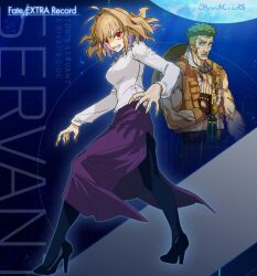  1boy 1girl ajirogasa antenna_hair arcueid_brunestud arcueid_brunestud_(berserker) bead_necklace beads beard belt biceps black_pants black_pantyhose blonde_hair breasts clenched_teeth cross cross_necklace english_text facial_hair fate/extra fate_(series) fighting_stance fingerless_gloves fingernails full_body gatou_monji gloves green_hair hat high_heels highres jewelry large_breasts looking_at_viewer messy_hair muscular muscular_male necklace official_art open_clothes open_vest orange_vest pants pantyhose prayer_beads purple_skirt scowl sharp_fingernails short_hair side_slit single_hair_intake skirt sweater teeth third-party_source turtleneck turtleneck_sweater vest wada_arco white_sweater 