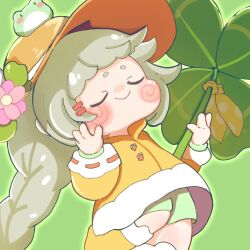  1girl :> blush_spirals blush_stickers boots braid brown_hat chibi chibi_only closed_eyes closed_mouth clover commentary_request feet_out_of_frame flower four-leaf_clover frog green_hair green_shorts hair_ornament hairclip hand_up hat hat_flower long_hair long_sleeves morio_(motimotinoki06) parallel_hairclips pink_flower raincoat ribbon-trimmed_sleeves ribbon_trim rubber_boots shorts simple_background single_braid smile solo standing thick_eyebrows trickcal ui_(trickcal) very_long_hair yellow_boots 