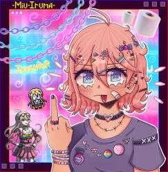  1girl :p alternate_costume alternate_hair_length_(shorter) alternate_hairstyle amyaniii antenna_hair badge bandaid bandaid_on_cheek bandaid_on_face barbed_wire black_choker blonde_hair blue_eyes blush bomb_hair_ornament border bow bracelet broken_heart button_badge chain character_name choker commentary danganronpa_(series) danganronpa_v3:_killing_harmony ear_piercing english_commentary english_text eyelashes fingernails gear_hair_ornament hair_between_eyes hair_bow hair_ornament hairclip heart heart_choker heart_hair_ornament highres iruma_miu jewelry middle_finger multiple_bracelets multiple_hairclips nail_polish niko_niko_happy official_art_inset pansexual_flag pansexual_flag_pin parallel_hairclips photo_inset piercing pixel_art_inset purple_border purple_bow purple_nails purple_shirt rectangular_eyes ring shirt short_hair short_sleeves solo symbol-shaped_pupils t-shirt toilet_paper tongue tongue_out too_many_hair_ornaments x-shaped_pupils x_hair_ornament 