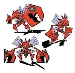  attack bug claws colored_skin commentary fiery_hair highres insect_wings mhnicole2 multiple_views no_humans pincers pokemon pokemon_(creature) pokemon_focus red_skin scizor solo wings 