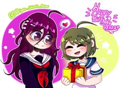  2girls ahoge amyaniii blue_eyes blue_sailor_collar blush box closed_eyes closed_mouth collarbone collared_shirt commentary danganronpa_(series) danganronpa_another_episode:_ultra_despair_girls dated english_commentary fukawa_toko gift gift_box glasses green_hair hair_between_eyes hair_ornament hairclip happy_birthday heart highres holding holding_box holding_gift instagram_logo instagram_username long_hair long_sleeves multiple_girls naegi_komaru neckerchief notice_lines open_mouth outline purple_hair purple_shirt red_neckerchief sailor_collar shirt short_hair short_sleeves smile speech_bubble split_mouth spoken_heart star_(symbol) violet_eyes white_outline white_sailor_collar white_shirt 