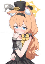  1girl animal_ears bare_shoulders black_dress black_hairband black_hat blue_archive blue_eyes blush breasts commentary_request dress earrings embarrassed frilled_dress frills hair_between_eyes hairband halo hand_to_own_mouth hat highres jewelry kisamu_(ksmz) long_hair looking_at_viewer mari_(blue_archive) mari_(idol)_(blue_archive) nervous one_ear_down orange_hair sleeveless sleeveless_dress small_breasts solo twintails upper_body very_long_hair wavy_mouth yellow_halo 