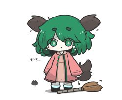  1girl animal_ears bamboo_broom black_shoes blue_socks blush broom chibi commentary_request crying crying_with_eyes_open dog_ears dog_girl dog_tail dress full_body green_eyes green_hair highres jacket kasodani_kyouko open_clothes open_jacket parted_lips pink_dress pink_jacket sea_urchin shadow shoes short_eyebrows simple_background socks solo standing tail tears thick_eyebrows touhou translation_request uni_souchou white_background 