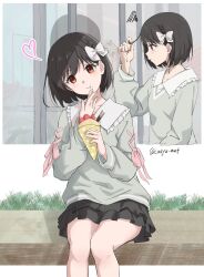  1girl alternate_costume black_skirt bob_cut border bow braid casyu_nut collar crepe cross-laced_clothes cross-laced_sleeves food frilled_skirt frills fruit grass green_sweater hair_bow hands_up head_tilt heart hibike!_euphonium highres hisaishi_kanade holding holding_crepe holding_food knees looking_at_reflection looking_at_viewer outdoors pancake pocky red_eyes shadow shirt short_hair sitting skirt strawberry sweater twitter_username white_border white_bow white_collar white_shirt window 