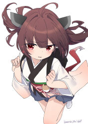  1girl ahoge artist_name averting_eyes backpack bag blush brown_hair commentary_request fingernails hair_intakes headgear highres holding_strap japanese_clothes kimono knife_hair_ornament leg_up long_sleeves no_shoes obi obijime open_mouth peanut_mouth red_eyes sash sechin short_hair short_kimono short_yukata shy simple_background socks solo sparkle touhoku_kiritan twitter_username two_side_up v-shaped_eyebrows voiceroid w_arms walking white_background white_kimono white_socks wide_sleeves yukata 