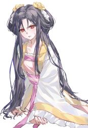  1girl absurdres anime_coloring arm_at_side black_hair body_switch closed_mouth clothing_request commentary_request finger_to_own_chin flower frilled_sleeves frills furrowed_brow futsutsuka_na_akujo_de_wa_gozaimasu_ga hair_flower hair_ornament hair_rings hairstyle_request half-closed_eyes hand_up highres japanese_clothes kimono kou_reirin long_hair long_sidelocks looking_at_viewer official_alternate_eye_color official_art personality_switch red_eyes red_lips sidelocks simple_background sleeves_past_fingers sleeves_past_wrists smirk solo tareme transparent_background v-shaped_eyebrows very_long_hair very_long_sidelocks white_kimono wide_sleeves xiaoyi_hudong_happy yellow_flower 
