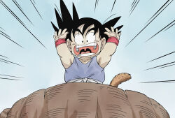  amayuki318 armpits arms_up black_hair blue_background blue_dougi child commentary_request dragon_ball dragon_ball_(classic) highres martial_arts_belt monkey_tail motion_lines open_mouth raised_eyebrows screaming sleeveless son_goku tail thick_eyebrows tongue upper_body wristband 