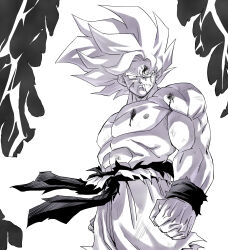  abs amayuki318 biceps black_background blood blood_from_forehead blood_from_mouth blood_on_cheek blood_on_chest blood_on_shoulder broad_shoulders clenched_hand dougi dragon_ball dragon_ball_z electricity feet_out_of_frame floating_clothes from_below highres large_pectorals long_hair looking_down martial_arts_belt monochrome muscular muscular_male parted_hair pectorals simple_background son_goku spiky_hair super_saiyan super_saiyan_1 thick_eyebrows topless_male torn_clothes wristband 