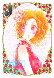  1girl absurdres artist_name bare_shoulders black_butterfly bleach blush border breasts bug butterfly curly_hair dress dress_flower flower hair_flower hair_ornament highres inoue_orihime komoko11221 large_breasts orange_eyes orange_hair parted_bangs parted_lips pink_dress pink_flower pink_rose rose side_ponytail sleeveless sleeveless_dress solo twitter_username updo upper_body white_border 