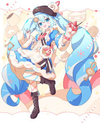  1girl absurdres apron aramedraw blue_eyes blue_hair boots brown_boots brown_hat cake commentary_request commission detached_sleeves dress food frilled_apron frills fruit full_body hair_between_eyes hat hatsune_miku highres holding holding_spoon knee_boots multicolored_apron multicolored_dress musical_note official_alternate_costume open_mouth parfait pudding sidelocks skeb_commission solo spoon standing standing_on_one_leg strawberry swiss_roll thigh-highs treble_clef vocaloid yuki_miku yuki_miku_(2026) 