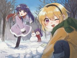  3girls bare_tree black_hairband black_horns blonde_hair blue_hair blush brown_coat check_commentary coat commentary_request furude_rika gloves green_scarf hairband hanyuu highres higurashi_no_naku_koro_ni holding holding_snowball horns houjou_satoko long_hair long_sleeves morisata multiple_girls one_eye_closed open_mouth pink_coat purple_hair red_coat red_scarf scarf short_hair snow snowball snowman throwing tree violet_eyes winter winter_clothes 