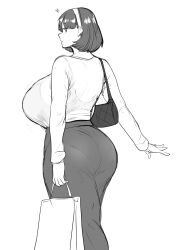  1girl ass backboob bag bra bra_visible_through_clothes breasts commentary english_commentary erkaz from_behind gigantic_breasts handbag highres holding holding_bag long_sleeves looking_at_viewer looking_back medium_hair monochrome original panties panties_visible_through_clothes pants rina_atherina shirt simple_background solo underwear white_background 