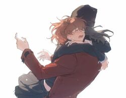  1boy 1girl aragaki_shinjirou arms_around_neck beanie black_hair black_hat black_jacket black_skirt brown_hair closed_mouth coat commentary crying faceless faceless_male facing_away floating_hair from_behind gekkoukan_high_school_uniform hair_between_eyes hands_up hat hug jacket leaning_back leaning_on_person long_sleeves medium_hair midriff_peek open_mouth parted_lips persona persona_3 persona_3_portable red_coat school_uniform shiomi_kotone short_hair simple_background skirt tears upper_body white_background zhu_que'er 