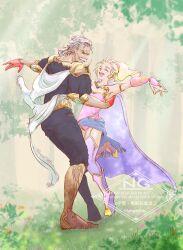  1boy 1girl arm_around_another's_back armlet black_pants black_shirt blonde_hair blue_cape boots bridal_gauntlets brown_boots cape commentary_request dancing facial_hair final_fantasy final_fantasy_v forest full_body galuf_halm_baldesion gloves gold_armlet gold_trim grandfather_and_granddaughter grey_hair highres jewelry krile_mayer_baldesion_(ff5) laughing leotard long_hair low_ponytail mustache nature old old_man open_mouth pants parted_bangs pink_boots pink_leotard pink_sleeves ponytail purple_thighhighs rakugaki_wanko red_gloves sash shirt short_hair shoulder_spikes smile spikes thigh-highs twitter_username waist_sash white_cape 