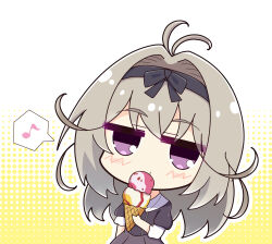 1girl absurdres antenna_hair arm_at_side black_bow black_hairband blush bow chibi commentary_request eating eighth_note food grey_hair hair_between_eyes hair_bow hair_intakes hairband halftone halftone_background highres holding holding_food holding_ice_cream ice_cream ice_cream_cone jitome long_hair looking_at_viewer meitantei_precure! moria_luluka moria_luluka_(civilian) musical_note niboluto precure puffy_short_sleeves puffy_sleeves school_uniform shirt short_sleeves simple_background solo speech_bubble spoken_musical_note upper_body violet_eyes white_background yellow_background