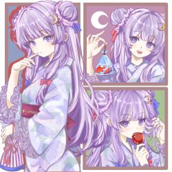  1girl absurdres alternate_costume bag bagged_fish candy_apple cococo_art commentary_request crescent crescent_hair_ornament double_bun eating fish floral_print floral_print_kimono food hair_bun hair_ornament highres holding holding_candy_apple holding_food holding_kinchaku japanese_clothes kimono kinchaku long_sleeves looking_at_viewer multiple_views obi obijime open_mouth patchouli_knowledge pouch print_kimono purple_hair purple_kimono red_sash sash touhou violet_eyes wide_sleeves 