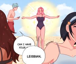  1boy 3girls alien_stage black_hair blue_hair bob_cut closed_eyes headband highres hyuna_(alien_stage) long_hair mizi_(alien_stage) multiple_girls pink_hair short_hair smile standing sua_(alien_stage) sunsunzui swimsuit till_(alien_stage) white_headband 