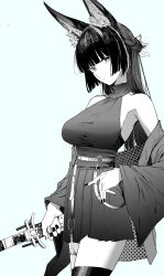  1girl alternate_costume animal_ear_fluff animal_ears black_hair black_jacket black_skirt black_thighhighs blunt_bangs breasts closed_mouth commentary_request cowboy_shot fox_ears fox_girl grey_scarf highres holding holding_sword holding_weapon hoshimi_miyabi jacket katana large_breasts looking_at_viewer o-ring o-ring_thigh_strap off_shoulder open_clothes open_jacket red_eyes scarf skirt solo sword syatey thigh-highs thigh_strap turtleneck upper_body weapon zenless_zone_zero 