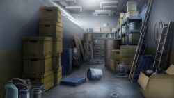  bottle box bucket cardboard_box ceiling crate game_asset hentai_prison highres indoors industrial_pipe ladder mikago_kotaro no_humans non-web_source official_art scenery self-datamine shelf variant_set visual_novel_cg 