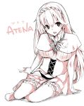  1girl athena_helios blush breasts character_name hrk173 long_hair looking_at_viewer monochrome open_mouth original simple_background sitting smile solo very_long_hair white_background 