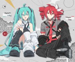  2girls :d @_@ absurdres ahoge aqua_eyes aqua_hair aqua_leg_warmers aqua_nails aqua_trim artist_name asymmetrical_legwear black_boots black_choker black_jacket black_leg_warmers black_necktie black_pants black_shoes black_socks boots bow character_name choker closed_mouth collared_shirt double-parted_bangs drill_hair english_text film_grain fingerless_gloves garter_straps gloves grey_background grey_shirt hair_between_eyes hair_bow hair_ornament hair_ribbon hairclip hand_on_another's_hand hatsune_miku highres invisible_floor jacket jacket_partially_removed kasane_teto lace-up_boots leg_belt leg_warmers long_hair looking_at_viewer loose_necktie mae_no_hanashi_(vocaloid) mismatched_legwear multiple_girls necktie open_mouth pants pleated_skirt pono3330 red_eyes red_hair red_nails red_necktie red_trim ribbon shirt shoe_belt shoes short_hair shoulder_belt single_garter_strap single_thighhigh sitting skirt sleeveless sleeveless_shirt smile socks synthesizer_v thigh-highs twin_drills two-tone_leg_warmers utau very_long_hair vocaloid w white_bow white_jacket white_leg_warmers white_ribbon wristband wuthering_heights zipper 