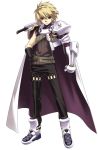  ar_tonelico ar_tonelico_i armor belt blonde_hair boots brown_eyes cape cross_edge gloves gust hand_on_hip lyner_barsett male official_art simple_background solo 