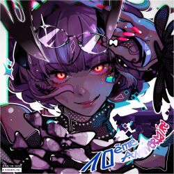  1girl 2025 anniversary artist_name bare_shoulders black_dress blush bow close-up colored_skin commentary dark-skinned_female dark_skin dated demon_girl demon_horns dress evil_eyes evil_smile eyewear_on_head fate/grand_order fate_(series) fingernails french_commentary french_flag french_text glasses glowing glowing_eyes grey_hair grey_skin hand_up highres holding holding_removed_eyewear horns jacques_de_molay_(celebratory_attire)_(fate) jacques_de_molay_(foreigner)_(fate) long_fingernails looking_at_viewer maewenmitzuki milestone_celebration open_mouth red_nails short_hair slit_pupils smile solo translated unworn_eyewear upper_body white_bow white_hair yellow_eyes 