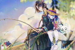  2boys absurdres androgynous bare_shoulders barefoot black_hair black_pants blue_eyes blue_hair blue_sky braid brown_hair bug chinese_clothes closed_eyes clouds colored_skin con_(fate) dragonfly drooling eyeshadow fate/grand_order fate_(series) fishing fishing_rod green_hair hat highres holding holding_fishing_rod leaning_on_person leg_tattoo long_hair long_sleeves looking_at_another makeup male_focus mouth_drool multicolored_hair multiple_boys nao_oppaisukiii outdoors pants red_eyes red_eyeshadow sibuxiang_(fate) sitting sky sleeping sleeping_upright smile straw_hat taigong_wang_(fate) taisui_xingjun_(fate) tattoo tree white_skin 