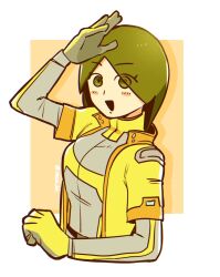  1girl 4bk63ppm0p54593 :d arm_up blush bodysuit breasts commentary_request eyes_visible_through_hair gloves green_eyes green_hair grey_bodysuit grey_shirt highres jacket looking_at_viewer medium_breasts mii_(nintendo) mii_gunner mii_gunner_(smash_ultimate) open_clothes open_jacket open_mouth salute shirt short_hair short_sleeves simple_background smile solo super_smash_bros. upper_body yellow_gloves yellow_jacket 