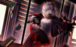  1girl absurdres antenna_hair arknights black_gloves black_jacket black_pantyhose black_skirt black_tail chromatic_aberration commentary cowboy_shot explosive fingerless_gloves gloves grenade grey_hair grey_shirt han_001 highres indoors jacket light_particles long_sleeves looking_at_viewer miniskirt multicolored_hair open_clothes open_jacket open_mouth pantyhose pleated_skirt red_skirt red_streaks shirt short_hair skirt solo streaked_hair tail w_(arknights) yellow_eyes 