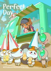  1girl baseball_cap beach blue_eyes blush_stickers brown_hair bus car commentary_request cup day food hat highres ice_cream ice_cream_cone monyorun motor_vehicle ondoku-chan open_mouth outdoors palm_tree ponytail rhythm_alien rhythm_tengoku rhythm_tengoku_miracle_stars sachiko_diamond smile tree truck umbrella umbrella_performer_(rhythm_tengoku) van 