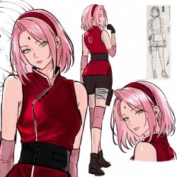  1girl ankle_boots asymmetrical_bangs bare_shoulders black_sash boots breasts chococurrent commentary eyelashes facial_mark forehead_mark full_body gloves green_eyes hair_behind_ear hairband haruno_sakura head_tilt high_collar highres knee_pads looking_at_viewer medium_hair multiple_views naruto:_the_last naruto_(series) obi open-toe_boots pink_hair pink_lips red_hairband red_shirt reference_inset sash shirt short_shorts shorts simple_background sleeveless sleeveless_shirt small_breasts untranslatable_commentary white_background 