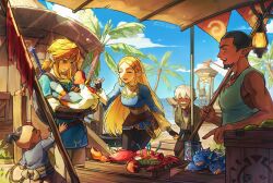  1girl 4boys animal arm_guards arms_behind_back beach beard bird black_gloves black_hair black_pants blonde_hair blue_eyes blue_shirt blue_sky blue_tunic braid breasts champion's_tunic_(zelda) chicken child chinstrap_beard closed_eyes commentary cowboy_shot crab crown_braid din16sa earrings facial_hair fingerless_gloves fish gloves gold_trim grey_pants grey_tank_top hair_between_eyes hair_ornament hair_tie hairclip highres holding holding_animal holding_bird holding_lasso jewelry lantern lasso layered_sleeves link long_hair low_ponytail market_stall master_sword medium_breasts medium_hair multiple_boys mustache ocean old old_man open_mouth outstretched_hand palm_tree pants parted_bangs parted_lips pointy_ears ponytail princess_zelda shield shield_on_back shirt short_hair sidelocks sky smile sword sword_on_back tank_top the_legend_of_zelda the_legend_of_zelda:_breath_of_the_wild tree tunic twitter_username untranslatable_commentary weapon weapon_on_back white_hair white_shirt worm 