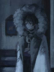  1boy black_hair black_shirt black_shorts blunt_ends closed_mouth coat fatui_coat fur_hood genshin_impact gold grey_hood highres hood hood_up hooded_coat indoors jewelry lapels lower_eyelashes_only male_focus mandarin_collar mitsudomoe_(shape) muted_colors neck_ring open_clothes open_coat portrait_(object) purple_sash sash scaramouche_(genshin_impact) scaramouche_(harbinger)_(genshin_impact) shirt shorts sketch solo tomoe_(symbol) tsurime unfinished upper_body violet_eyes white_coat wispy_bangs yoruli_e 