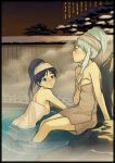  aerodog blue_eyes breasts ganaha_hibiki hair_up idolmaster inu_(aerodog) long_hair naked_towel onsen shijou_takane silver_hair steam towel water wet 