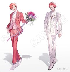  1boy ahoge akagi_wen arm_at_side asymmetrical_jacket black_streaks blue_eyes bouquet bow bowtie brooch chain_around_leg closed_mouth commentary_request copyright_notice curtained_hair daffodil dress_shoes ear_chain earrings flower frilled_sleeves frills full_body gauze gauze_on_cheek gem gold_earrings grin groom hair_behind_ear hair_between_eyes hand_in_pocket holding holding_bouquet jacket jewelry lapel_pin lapels linked_piercing long_sleeves looking_at_viewer male_focus multicolored_hair multiple_views necklace nijisanji notched_lapels official_art open_clothes open_jacket oxfords ozaki_domino pants pearl pearl_necklace piercing pink_flower pink_hair pink_jacket pink_pants pink_rose pink_suit pink_vest plaid_clothes plaid_vest pocket_square print_jacket purple_flower purple_ribbon red_vest ribbon rose sample_watermark shadow shirt shoes short_hair side-by-side side_part simple_background smile standing star_brooch streaked_hair suit suit_jacket teardrop-shaped_gem thighlet traditional_bowtie turtleneck turtleneck_shirt tuxedo_shirt undercut vest virtual_youtuber wallet_chain watermark white_background white_bow white_bowtie white_flower white_gem white_jacket white_pants white_shirt white_shoes white_suit wingtip_collar 