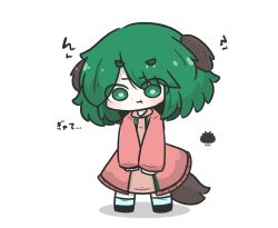  1girl :t animal_ears black_shoes blue_socks blush closed_mouth commentary_request dog_ears dog_girl dog_tail dress full_body green_eyes green_hair highres jacket kasodani_kyouko open_clothes open_jacket pink_dress pink_jacket pout sea_urchin shadow shoes simple_background socks solo standing tail touhou translation_request uni_souchou wavy_mouth white_background 