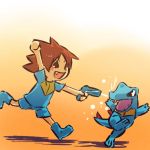  boots brown_eyes brown_hair child fang fangs hitec moemon open_mouth personification pokemon pokemon_(creature) pokemon_(game) pokemon_gsc red_hair redhead running shorts smile totodile water_gun young 